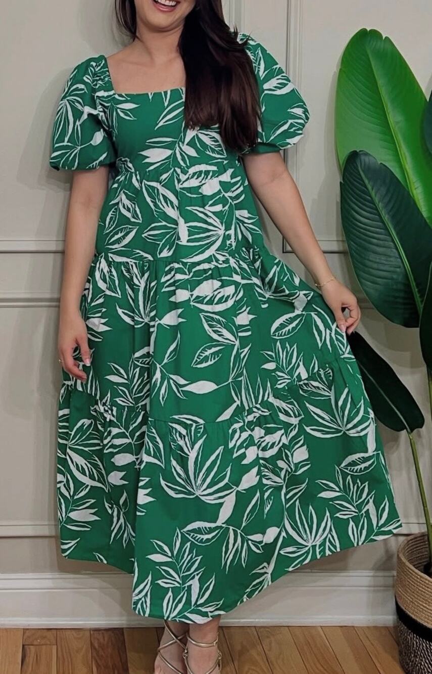 Meadow Rhodes Midi Dress Green & White Cotton Leaf Print A-line Puff Sleeve
